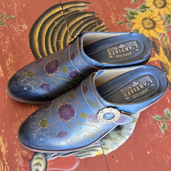 L'Artiste Spring Step Zoozi Western Leather Slipon Mules Shoes Rhinestone Buckle - Picture 12 of 12